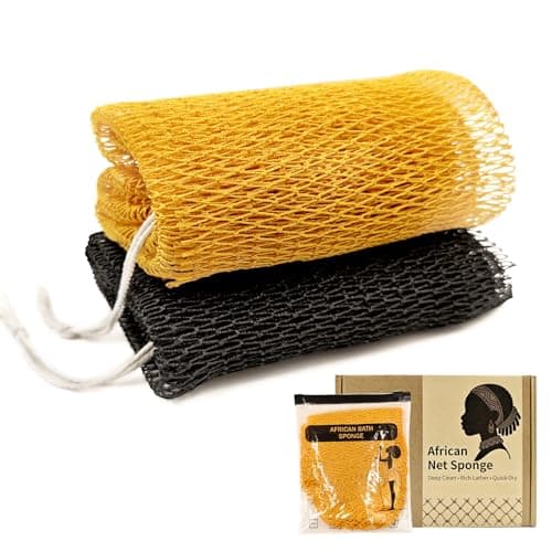 Authentic African Net Sponge with Knots,Travel Bath Sponge,Extra Rough Body&Back Scrubber,Extra Long Stretchable Bath Net up to 47 Inches,Durable,Quick-Dry African Net with Zipper Bag (Black/Gold)