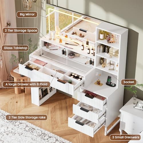 HAIOOU Fluted Vanity Desk with Mirror and Lights,48" Large Makeup Vanity Desk with Charging Station,Dressing Table with 4 Drawers & 3 Open Storage Shelves, Glass Top for Bedroom,Peal White - Thumbnail 3