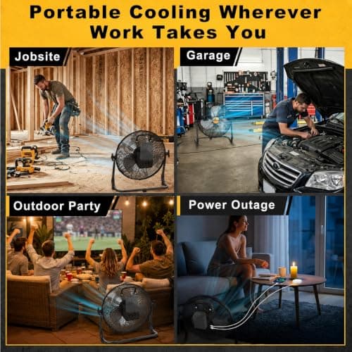 CREPOW 12" Portable Cordless Fan Compatible with Dewalt 20V Max Battery, Battery Powered Floor Fans with AC Adapter, USB & Type-C Charging, Stepless Speed Fan for Jobsite Garage Shop(No Battery) - Thumbnail 2