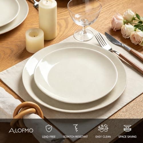 ALOFMO Ceramic Dinnerware Sets for 4,12 Pieces Plates and Bowls Sets, Plates Pasta Bowls Soup Bowls, Modern Stoneware Dishes, Reaction Glaze (White) - Thumbnail 4