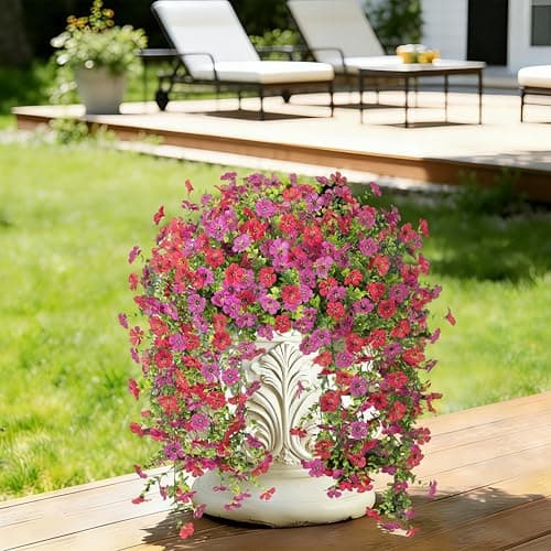 Senjie 4 Pcs Artificial Hanging Flowers for Outdoor Spring Decor, UV Resistant Fake Silk Faux Flowers Plants for Outside Porch Patio Balcony Planters - Image 1