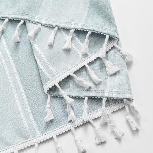 Home Queen Boho Striped Linen Window Curtain Valance with Tassel for Kitchen Bedroom Bathroom Farmhouse Curtain Valence Light Filtering Curtain Topper, 54W x 18L, Blue Gray - Thumbnail 5