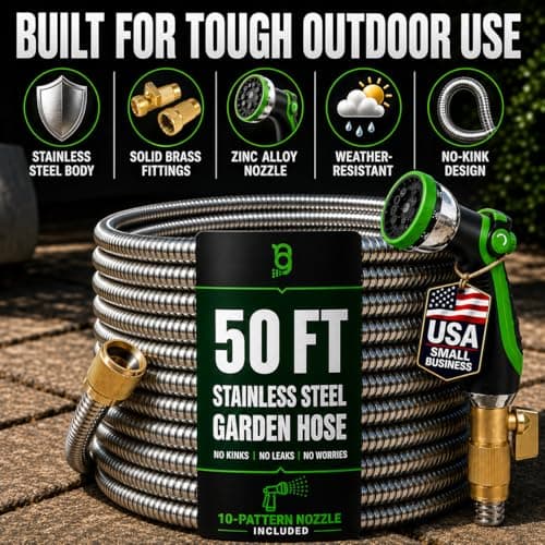 50 FT Garden Hose Stainless Steel Heavy Duty with Spray Nozzle, Lightweight and No-Kink Flexible Water Hose 50 FT with 3/4" Solid Brass Fittings, Metal Waterhose for Outside 50FT, Manguera Para Jardin - Thumbnail 2