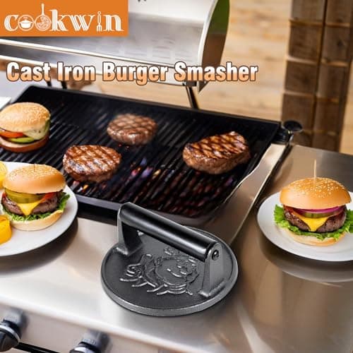 COOKWIN 7" Cast Iron Smash Burger Press Kit, Heavy-Duty Hamburger Smasher with Non-Slip Handles and 50 pcs Patty Paper, 2.1 lb Bacon Meat Weight Press for Steak, Smashburger, Grill and BBQs - Thumbnail 2