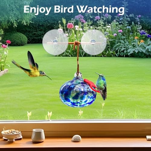 Pozfun Window Hummingbird Feeder with Suction Cups,Hand-Blown Glass Hummingbird Feeders for Outdoors Window Mounted with Metal Hook,Close Bird Watching,Finch in Garden,Yard(Dotted Blue) - Thumbnail 2