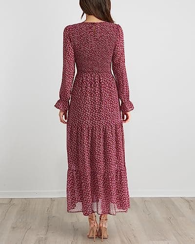 BTFBM Women Casual Long Sleeve Crew Neck Fall Dress Bohemian Relaxed Fit Floral Flowy Maxi Dresses Tiered Cocktail Dress(Floral Red White,X-Large) - Thumbnail 5