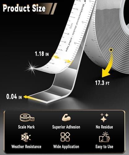 PHIXBEAR Heavy Duty Double Sided Tape 17FT x 1.18" - Clear Nano Mounting Tape with Dual Scale, No Residue for Wall Posters, Rugs, Home Decor - Thumbnail 2