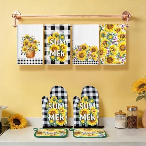 Vetoxka 8 PCS Bee Sunflower Kitchen Decor and Accessories - Bright Summer 4 Dish Towels, 2 Plaid Oven Mitts and Pot Holders Sets for Home Decoration Farmhome Cook Bake Mom Daughter Housewarming Gifts - Thumbnail 4