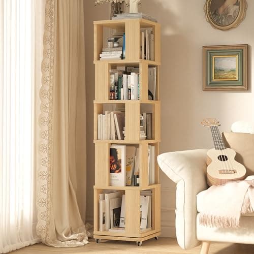 5 Tier Solid Wood Rotating Bookshelf Tower on Wheels, 360° Upgrade Spinning Book Shelf, Revolving Bookcase Organizer, Swivel Bookshelves for Small Spaces, Corner, Bedroom, Kids Room (Warm Wood) - Image 1
