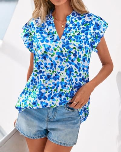 Zenlonr Womens Dressy Casual Tops 2026 Summer Ruffle Cap Sleeve V Neck Shirts Boho Floral Blouses Vacation Outfits(White Blue Flower,XX-Large) - Thumbnail 5
