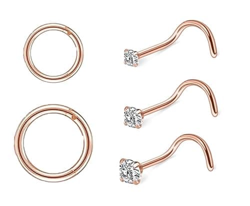 Koariya nose ring 18G and 20G nose nail set for men and women, anti allergic 316L medical grade stainless steel spiral nose nail, nose screw bone 2/2.5/3mm zircon perforated jewelry 15 pieces (three color gift box set) - Thumbnail 6
