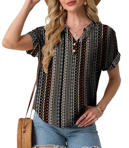 HiMONE Women’s Casual V Neck T Shirts Short Sleeve Loose Fit Summer Tops Textured Button Front Blouse Trendy Rolled Sleeve Tunic Tops - Image 1