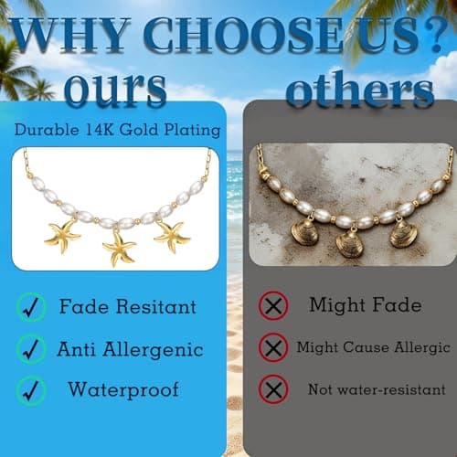 Starfish Necklace for Women: 14K Gold Plated 3-Piece Pendant with 10 Simulated Pearls on Stainless Steel Chain | Cute Boho Beach Jewelry Gift for Summer (Gold) - Thumbnail 6
