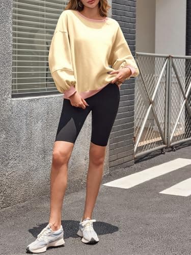 Fisoew Womens Oversized Sweatshirts Crewneck Long Sleeve Pullover 2025 Cute Color Block Casual Fleece Y2k Cropped Tops Beige - Thumbnail 5