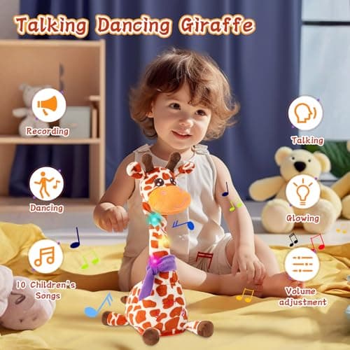 LUKETURE Musical Dancing Talking Giraffe Plush Toy, Yellow and White Spotted, Talking Baby Toy with Lights, 10 Songs and Voice Repeat, Soft Sensory Gift - Thumbnail 2