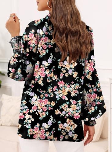Dokotoo Womens Fall Tops for Women Long Sleeve Shirts 2026 Fashion Trendy Casual Dressy Fall Button Down Blouses T Shirts Allover Flower Print V Neck Business Work Tunic Bohemian Floral Top M Black - Thumbnail 4