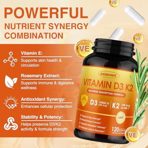 ZEBORA Vitamin D3 K2 - Maximum Strength 10000IU D3 & 100mg K2 as MK-7 - Heart, Bone, Immune Health & Antioxidan Defenses Support - Gluten-Free, Non-GMO, 120 Capsules - Thumbnail 6