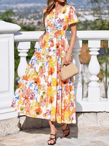 BTFBM Womens Summer Floral Maxi Dresses V Neck Short Sleeve Boho Casual Flowy Long Wedding Guest Dress Beach Vacation(Floral Multicolored, XX-Large) - Thumbnail 6