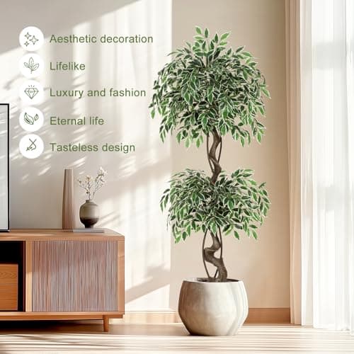 GarveeHome Artificial Ficus Tree for Home Decor Indoor,5 ft Faux Floor Tree White Imitation Ceramic Planter, Indoor Outdoor Lifelike Fake Ficus Tree with Pebbles & Green Fake Moss for Office - Thumbnail 5