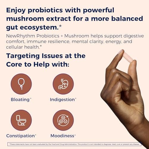 NewRhythm Probiotics 35 Billion CFU, Mushroom Probiotics Supplement for Women & Men, 7 Mushroom Blend 10:1 Extract, Turkey Tail, Reishi, Lion's Mane, Natural Prebiotics, Digestive & Immune, 30 Caps - Thumbnail 3