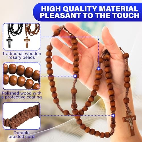 2Pcs Small Wood Rosary Necklace – Wooden Cross Necklaces for Men and Women with Tan or Black Beads, 22" Length and 6" Drop – Lightweight Cross Accessory for Daily Wear, Layering, Prayer or Gifting - Thumbnail 3
