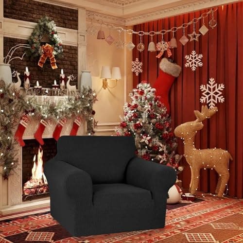 KEKUOU Stretch Single Sofa Slipcover 1 Piece Couch Sofa Cover (31"-55") Furniture Protector 1 Seater Sofa with Elastic Bottom for Kids,Pet.Jacquard Small Checked Pattern Fabric(Small,Black) - Thumbnail 2