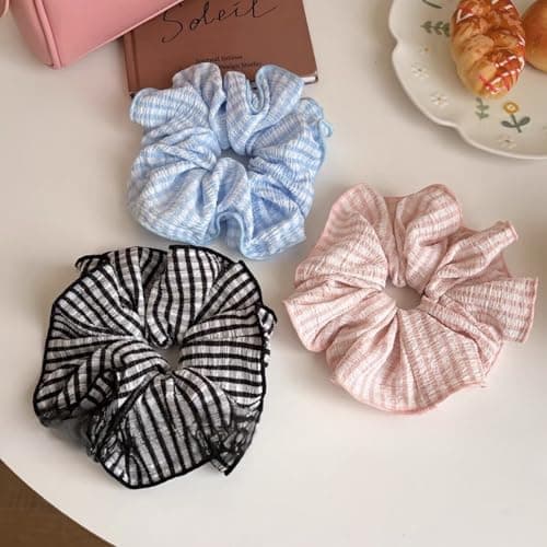 Jseng 3PCS Large Gingham Scrunchies for Hair, Sweet Hair Ties, Beige and Black - Thumbnail 5