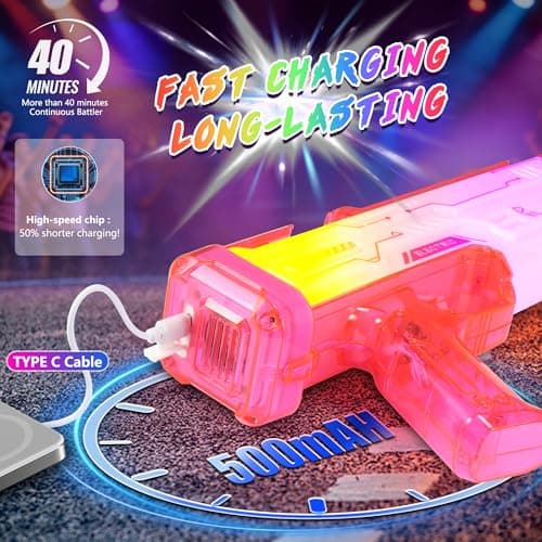 Electric Squirt Gun for Adults Kids, Pink Water Gun Long Range with Spray Sounds and LED Lights, Rechargeable Battery Water Blaster Outdoor Summer Toys for Beach Pool Game, Up to 25 FT Range - Thumbnail 3