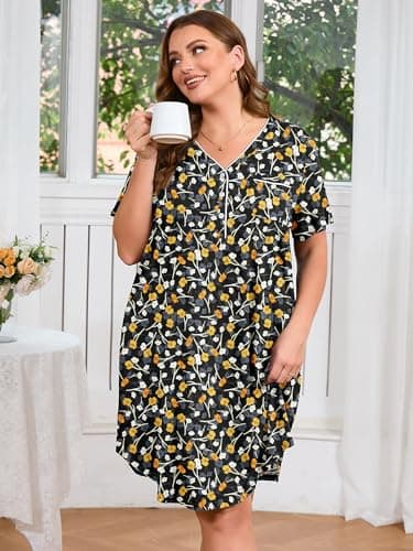 AusLook Plus Size Floral Nightgown for Women Midi Sleep 1X Dress Short Sleeve V Neck Flowy Lounge House Dress Casual Printed Night Dress - Thumbnail 3