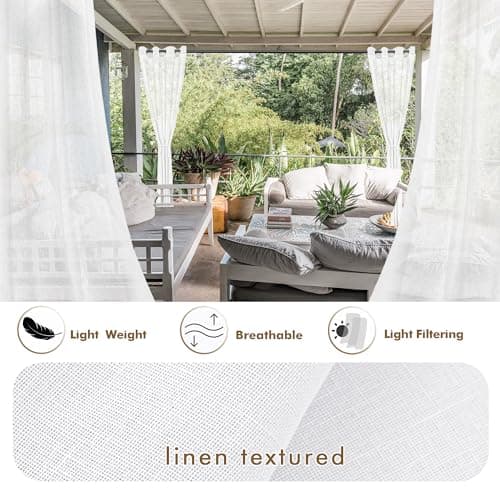 HolidayIdeas 4 Panels Sheer Outdoor Curtains for Patio Waterproof-Linen Semi Voile White Curtains Sun Filtering Privacy Outside Extra Wide Curtains for Gazebo, Front Porch, Pergola 110x108 Inch White - Thumbnail 3