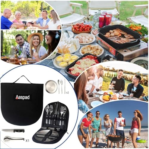 Aaspad Full Size Stainless Steel Dish & Utensil Set Portable Picnic Mess Kit RV Camping Flatware Plate & Silverware Cutlery Dinnerware Packed 2 Fork,Spoon,Serrated Knife,Food Clip Outdoor Gift for Men - Thumbnail 2