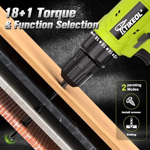 TIKEOL 12V Cordless Drill Set with Battery & Charger, Electric Power Drill with Pure Copper Motor, 180 In-lbs Torque, 18+1 Clutch, 3/8" Keyless Chuck, LED Light, Drill Kit for Home Repair, DIY(Green) - Thumbnail 4