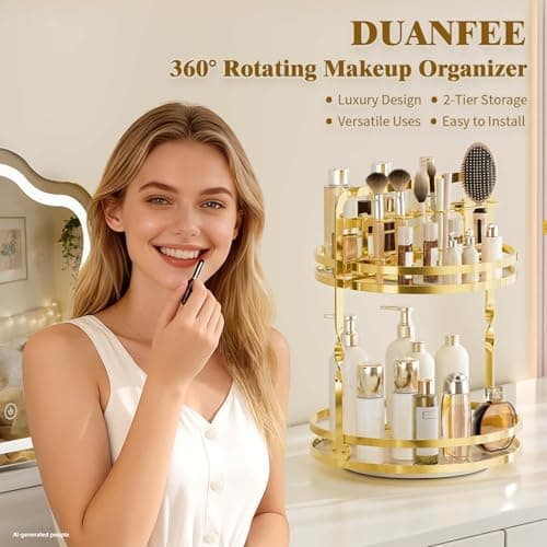 DUANFEE 360° Rotating Makeup Organizer, 2-Tier Gold Perfume Organizer for Dresser, Bathroom Organizer Countertop, Lazy Susan Spinning Perfume Stand Vanity Skincare Storage with Makeup Brush Holder - Thumbnail 2