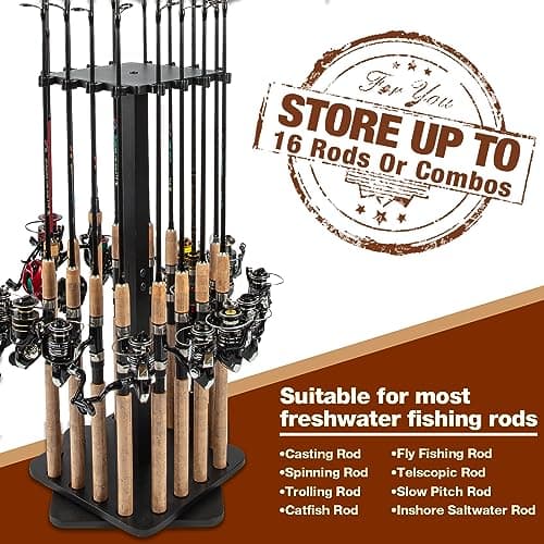 Ghosthorn Fishing Rod Holders for Garage 360 Degree Rotating Fishing Pole Rack, Floor Stand Holds up to 16 Rods Wood Fishing Gear Equipment Storage Organizer, Fishing Gifts for Men Women - Thumbnail 4