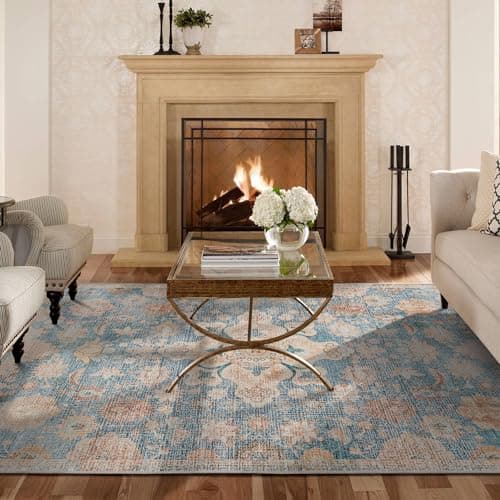 Syalife Washable Rugs, 5'x 7' Distressed Indoor Non-Shedding Low Pile Carpet with Non Slip Backing, Vintage Area Rugs for Living Room, Bedroom, Dining Room, Office (Blue/Beige, 5'x 7') - Image 1