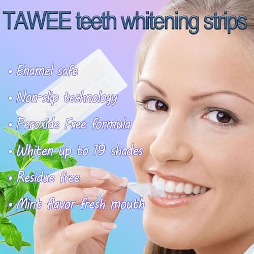 TAWEE Teeth Whitening Strips Peroxide Free Enamel Safe for Sensitive Tooth 14 Whitening Strips Whitens Teeth & Removes Yellow Stains 7 Treatments Each with 1 Upper/1 Lower Mint Flavor - Thumbnail 4