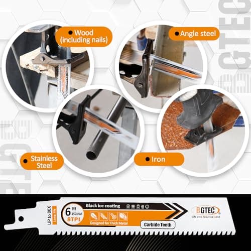 BGTEC Carbide Reciprocating Saw Blade for Hard Metal, Alloy Steel, Reinforcing Bars and Angles 6 Inch 8TPI, 4-Pack - Thumbnail 3