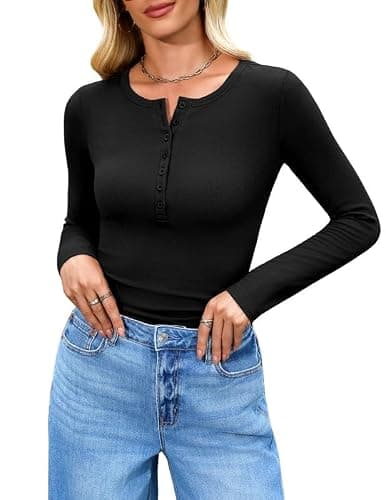 Misakia Long Sleeve Shirts for Women 2025 Spring Fall Tops Henley Button Ribbed Tunic Slim Fit Trendy Outfits Black M - Image 1