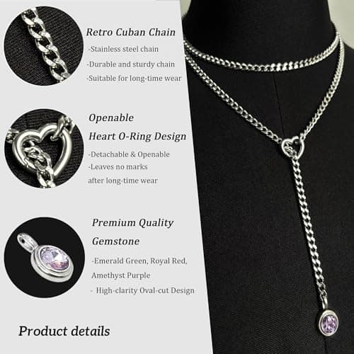 EverGlimp Heart Slip Chain Necklace for Women, 39 Inch Extra Long Cuban Chain, Removable Heart O-Ring, Crystal Pendant, Double Layer Adjustable Stainless Steel Y-Necklace, Statement Jewelry - Thumbnail 3