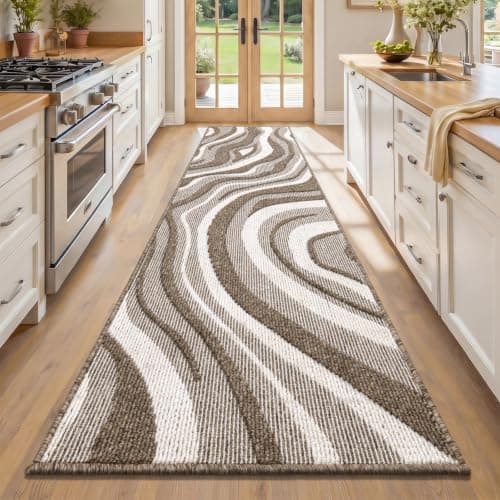 Yamaziot Washable Hallway Runner Rug 2x8 – Non Slip Modern Abstract High-Low Textured Kitchen Runner Rug, Boho Carpet Runner for Kitchen, Entryway, Bedroom, Laundry, Hallway, Beige Brown & White - Image 1