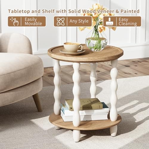 Round End Table, 2-Tier Farmhouse End Table, 18.5'' Handcrafted Weathered Look Wooden Nightstand, Pine Leg, Small Side Tables for Living Room, Small Space, Bedroom, Boho, Easy Assembly, Cream Beige - Thumbnail 3