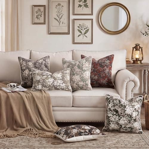 Haguko Pack of 2 Vintage Floral Throw Pillow Covers 20x20 Tapestry Chenille Soft Decorative Farmhouse Square Accent Pillow Cases for Couch Bedroom Living Room Home Decor, Coffee Brown - Thumbnail 6
