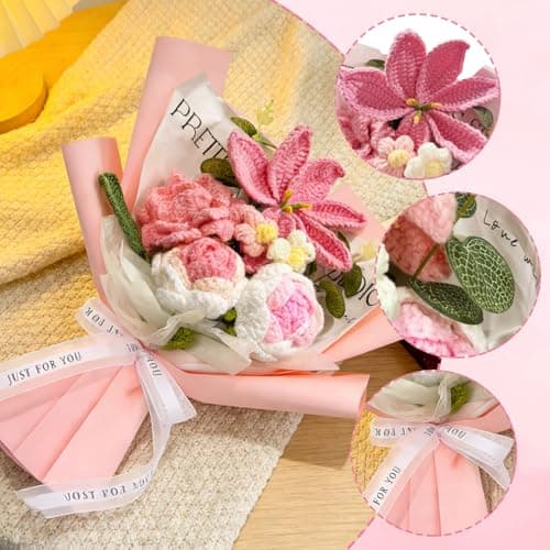 Tikitup Crochet Flowers Bouquet, Handmade Knitted Flowers Pink Crochet Bouquet for Lover Birthday, Mother's Day,Anniversary,Graduation Gifts,Friends Gifts - Thumbnail 3