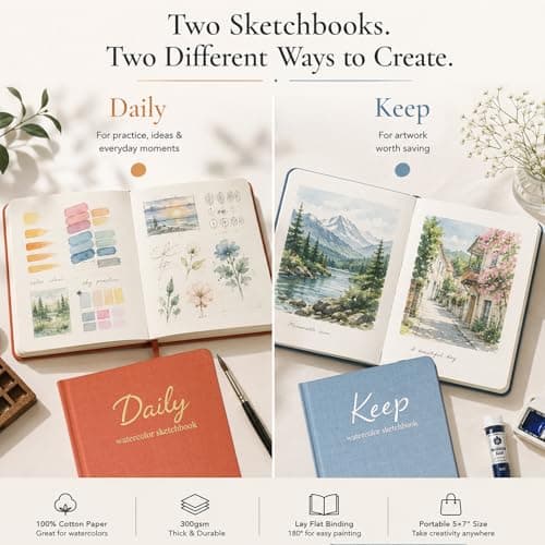 Watercolor Sketchbook Set of 2, Mini 5x7 Travel Watercolor Notebook, Portable Small Sketchbook for Painting, Cotton Paper for Artists, Beginners & Outdoor Use (Daily & Keep) - Thumbnail 4