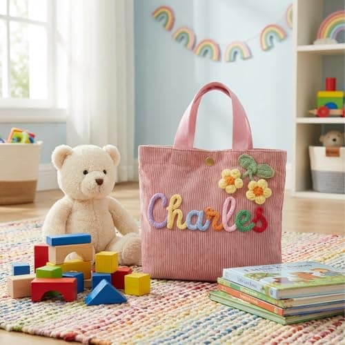 Personalized Corduroy Tote Bag with Custom Name, 3D Crochet Flower Tote Bag for Girls, School Travel Purse, Birthday Gift for Daughter Granddaughter | Customizable - Thumbnail 3