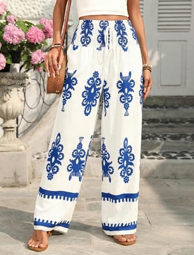 ZAFUL Boho Pants for Women Floral High Waisted Wide Leg Palazzo Pants Summer Trendy Casual Lounge Pants Women Vacation White&Blue XL - Thumbnail 3