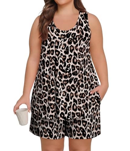 Lastshe Plus Size Pajama Set for Women Summer Sleeveless Tank Tops Shorts Pjs 2 Piece Soft Knit Loungewear Ladies Sleepwear,Leopard Spots-2X - Image 1