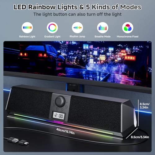 SOULION R80 Bluetooth Computer Speakers, USB Plug & Play PC Speakers with Digital Clock Display, Clear Sound Soundbar with Colorful LED Lights for Desktop Monitor Laptop (USB Adapter Included) - Thumbnail 3