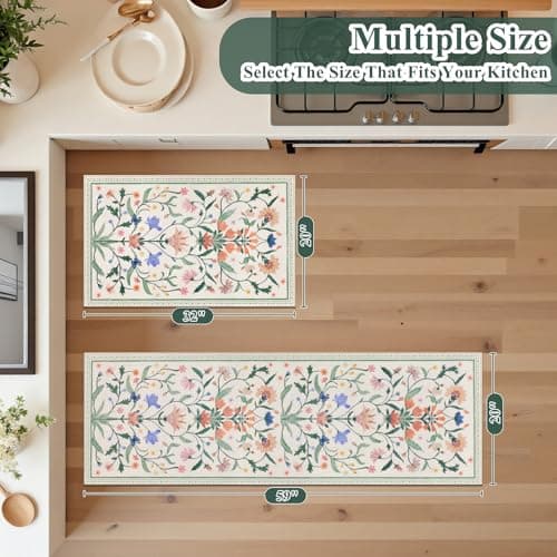 Ileading Kitchen Mat Sets 2 Piece,Plant Florals Rugs for Kitchen Floor,Stain Resistant Standing Mats with Non Slip Rubber Backing,Waterproof Runner Rugs for Laundry,Doormat,Entryway(Beige Florals) - Thumbnail 3