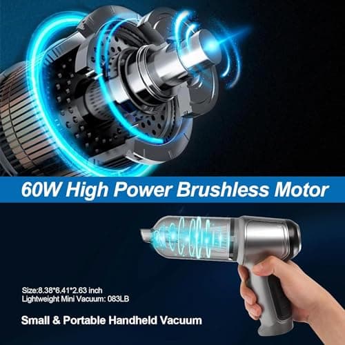 HFLYJPYW Mini Handheld Vacuum Cleaner Cordless - Car Vacuum Portable Rechargeable with High Power Brushless Motor 12000 PA Strong Suction 3 in 1 Mini Hand Vacuum (Grey) - Thumbnail 3
